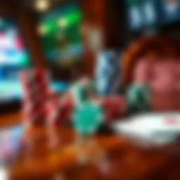 Colorful casino chips and playing cards on a polished wooden table