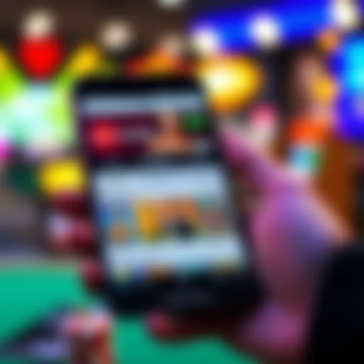 Mobile device showcasing casino app with game selection and account options