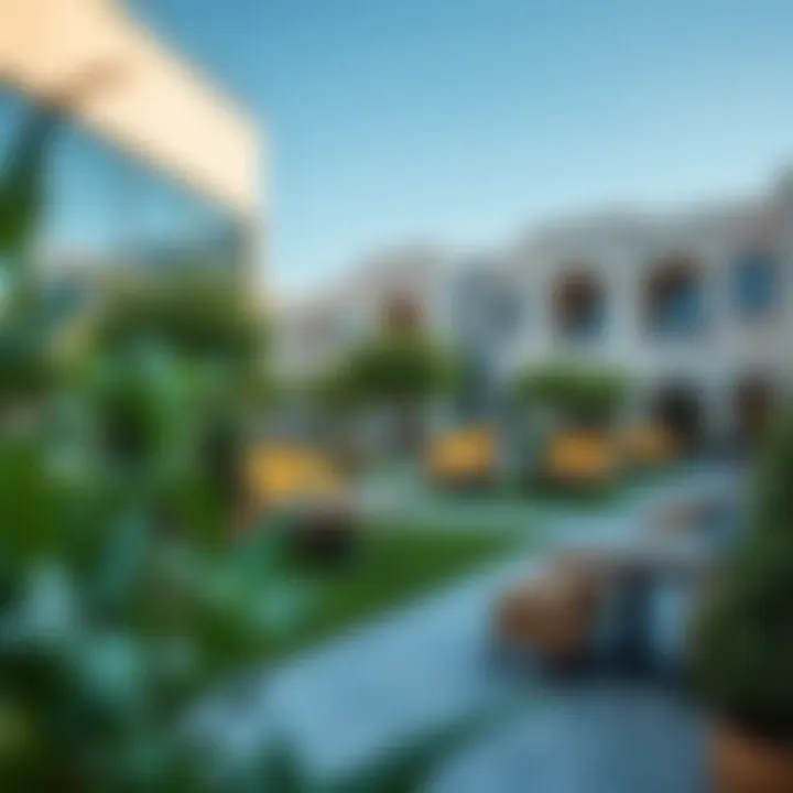 Green outdoor communal space with seating areas and pathways at SkyCrown Nicosia