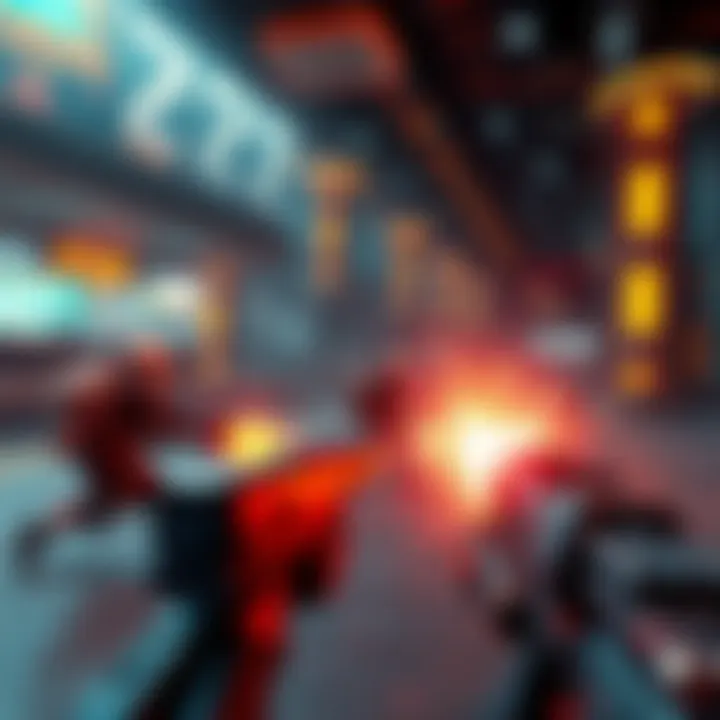 Futuristic game environment with dynamic combat and glowing visual effects