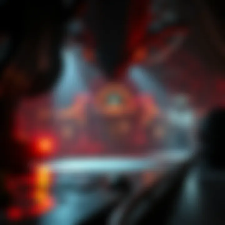 Dramatic scene showcasing the game's atmospheric lighting and detailed alien architecture with a haunting ambiance