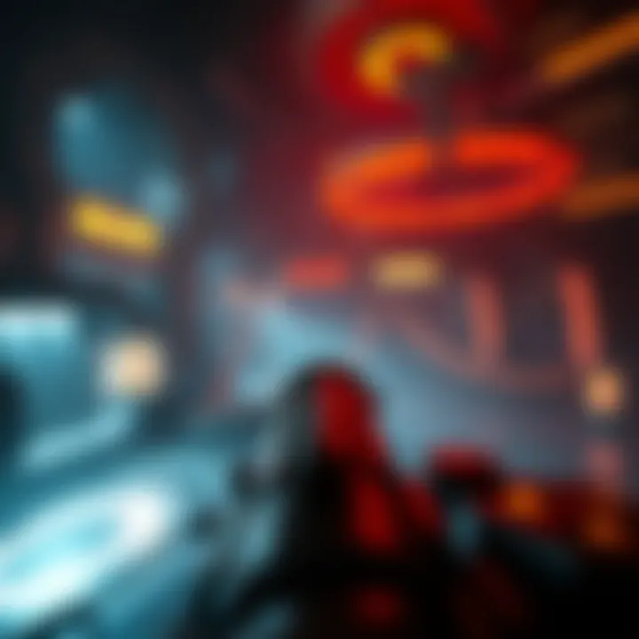 First-person view of a futuristic weapon in a dark, eerie sci-fi environment with glowing elements