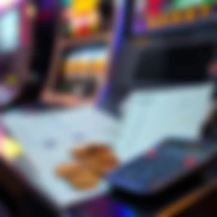 Illustration of a budget planner with coins and a calculator beside a pokies machine