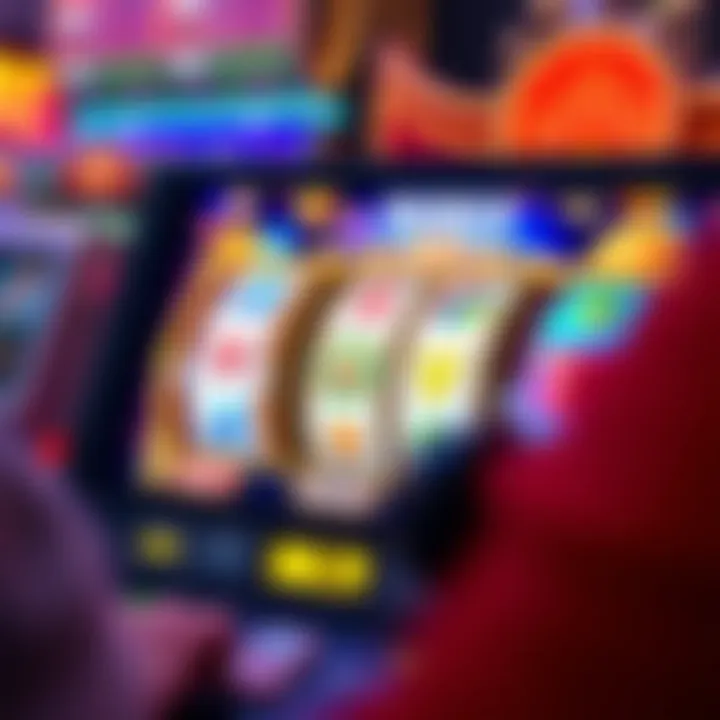 Virtual casino screen showing a player spinning reels with bright colors and bonus icons