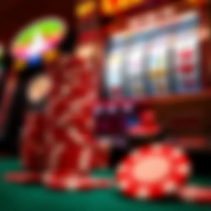 Close-up of casino chips stacked next to a slot machine with betting options visible