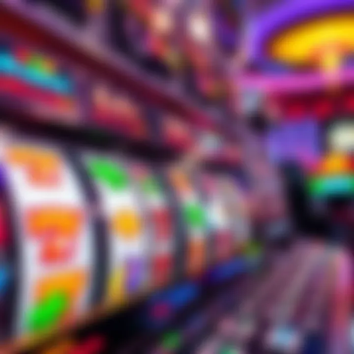 Bright slot machine reels displaying various colorful symbols in a casino setting