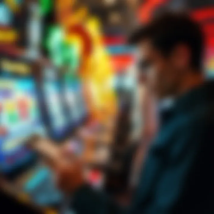 Person managing a budget plan with calculator and notes beside a pokies machine in a casino setting
