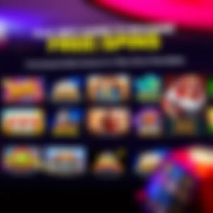 Graphic depicting various online casino games suitable for free spins with highlighted bonuses