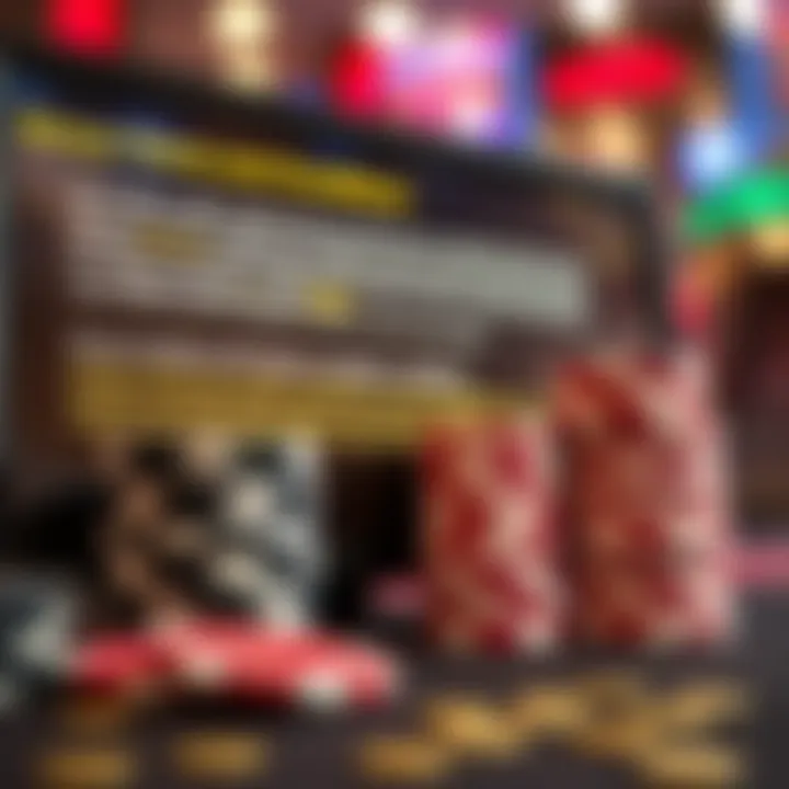 Casino chips stacked next to digital screen displaying bonus offer terms and conditions