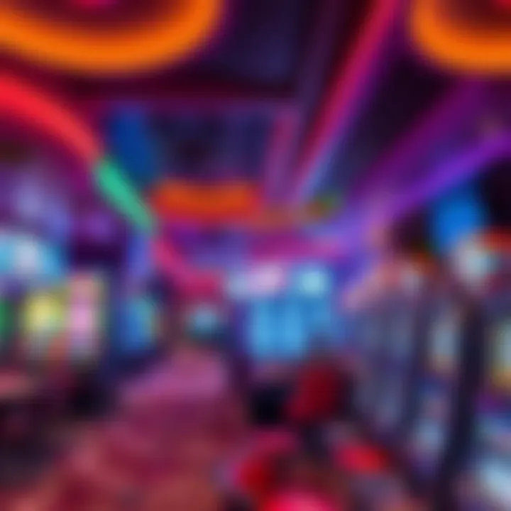 A vibrant casino floor featuring slot machines and gaming tables under colorful lighting