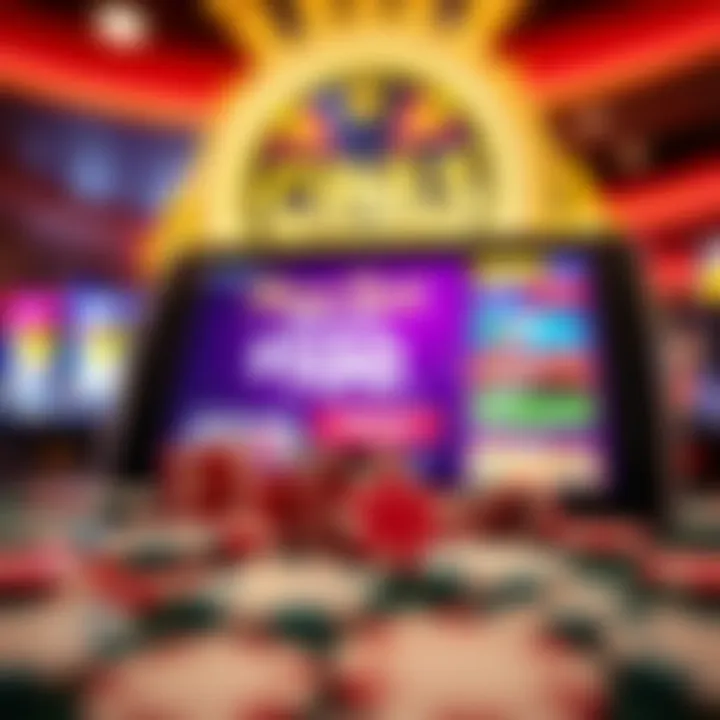 Bright casino chips and a digital screen showing bonus promotion details for a free credit offer