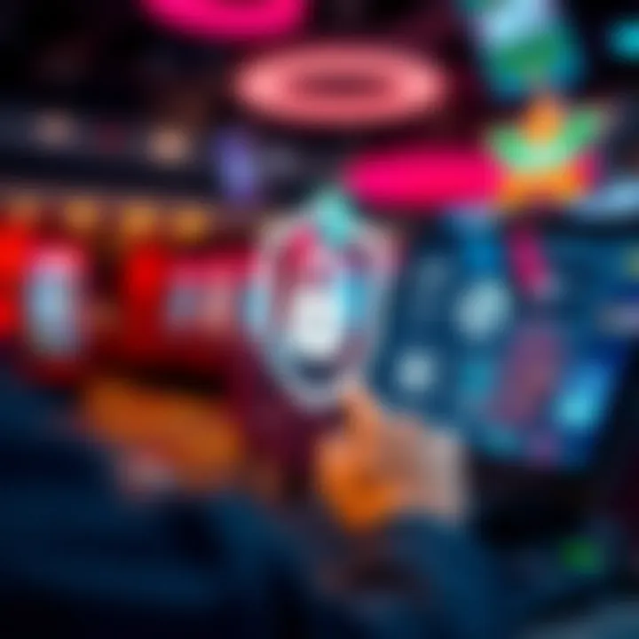 Secure online transaction with digital icons representing payment methods and security