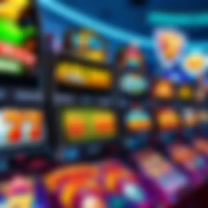 Colorful online slot machine reels with vibrant symbols and jackpot signs