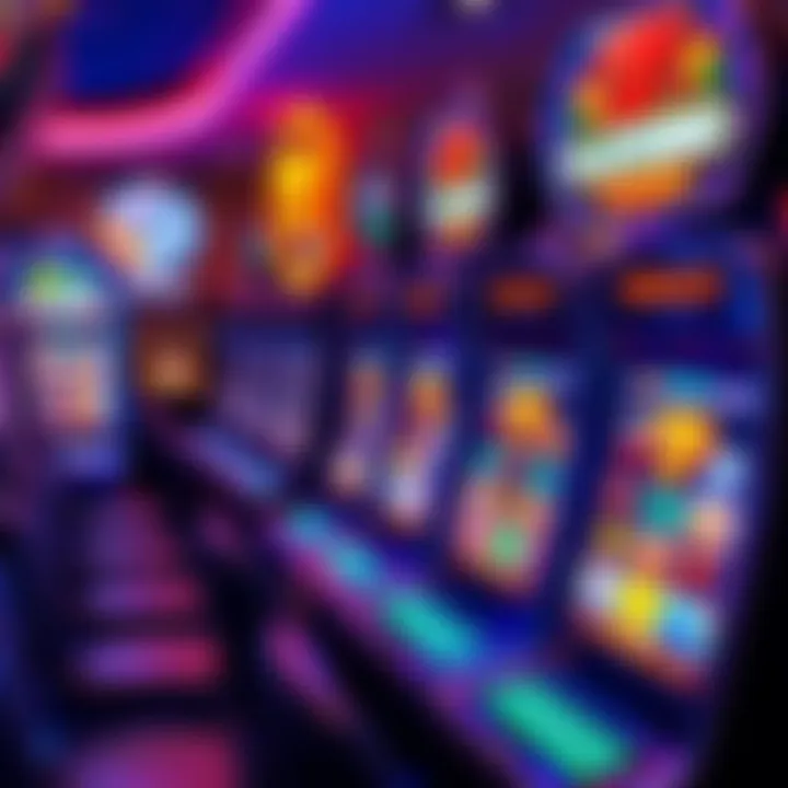 Colorful casino slot machines with vibrant lights and game icons