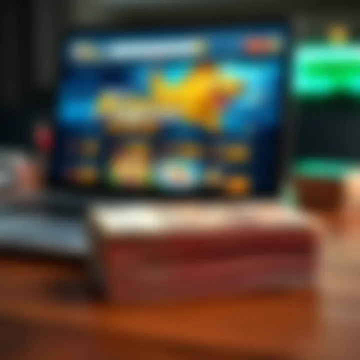 Stack of Australian currency next to a laptop showing an online pokies website