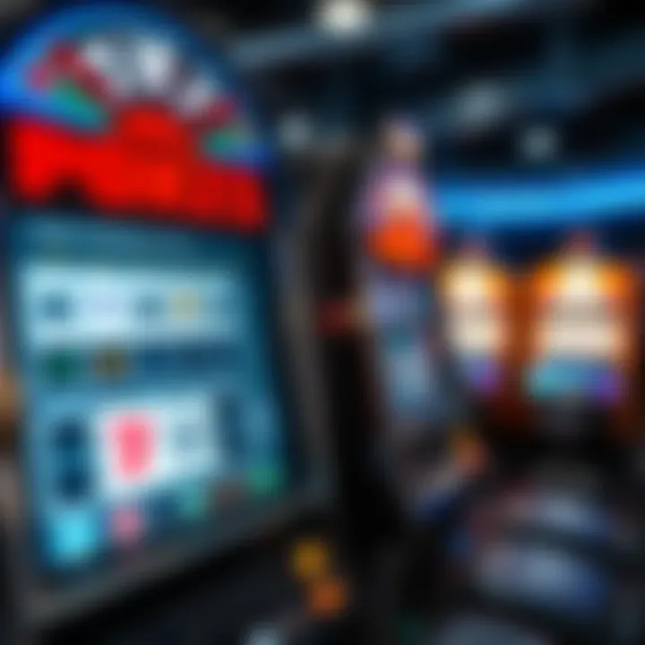 Illustration of a poker machine with regulatory compliance symbols indicating legal standards