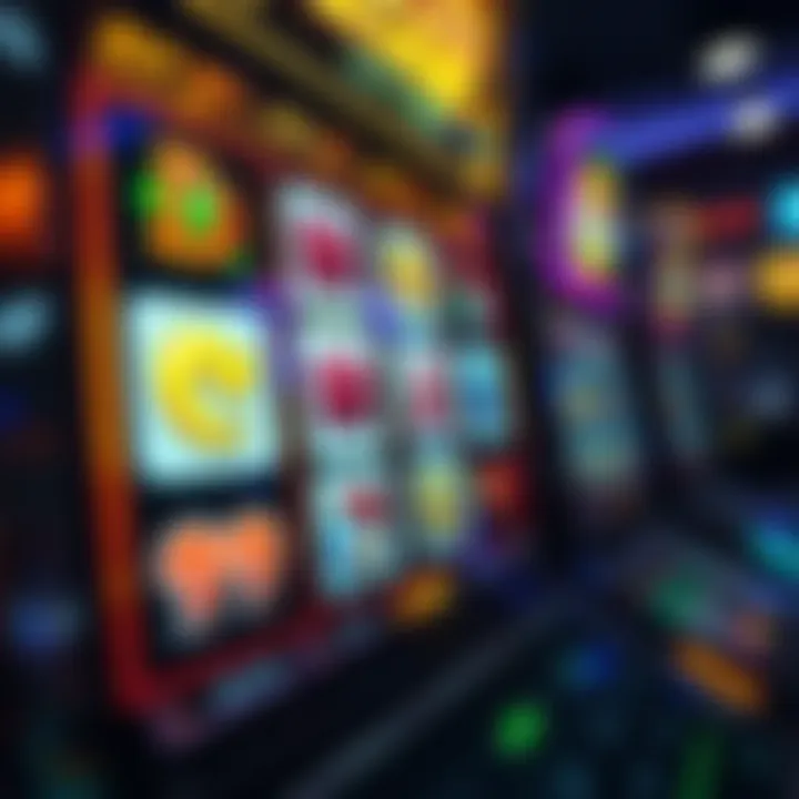 Close-up view of a colorful slot machine screen displaying various symbols and active paylines