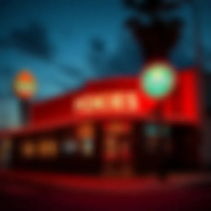 Exterior view of a pokies venue with a neon sign glowing in the evening