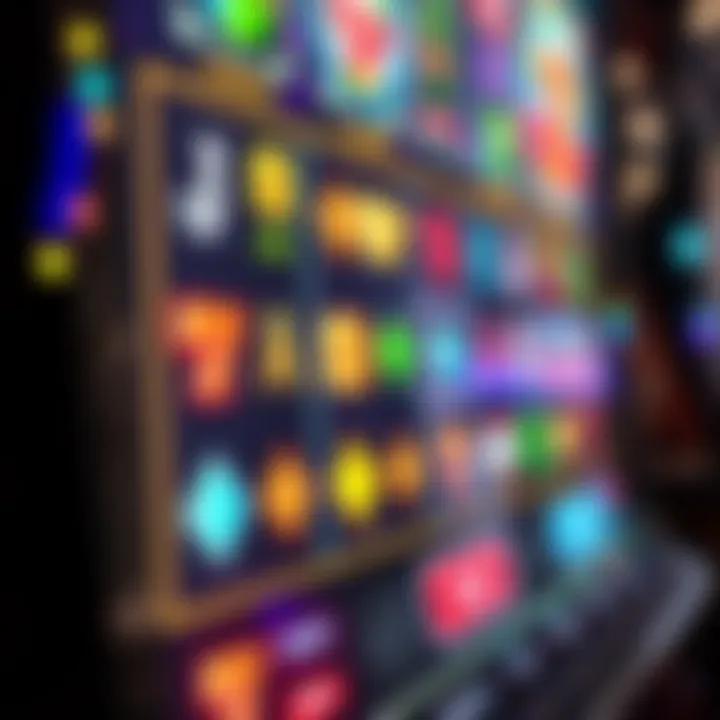 Colorful digital slot machine interface with various symbols and game options