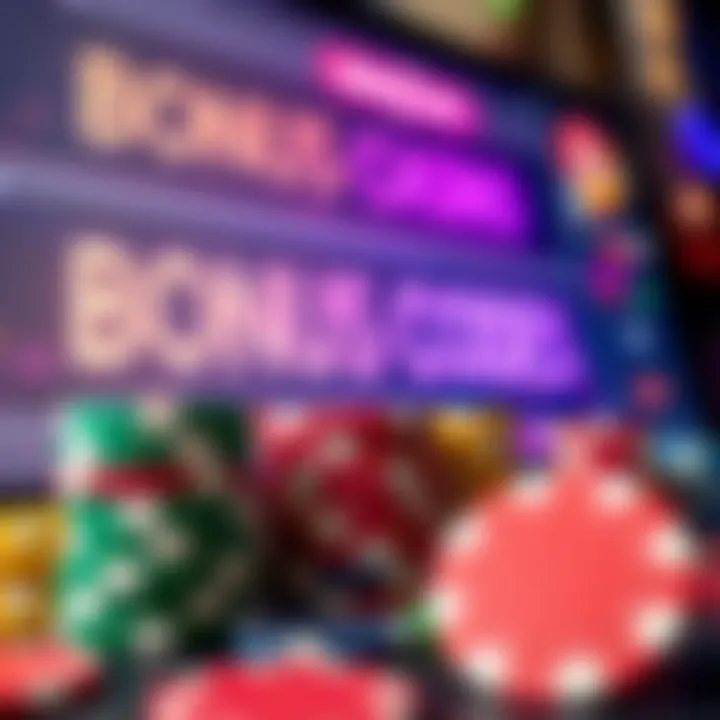 Colorful casino chips stacked next to glowing bonus code text on a digital screen