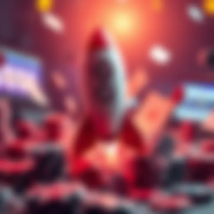 Illustration of a rocket launching with casino chips and playing cards orbiting around it