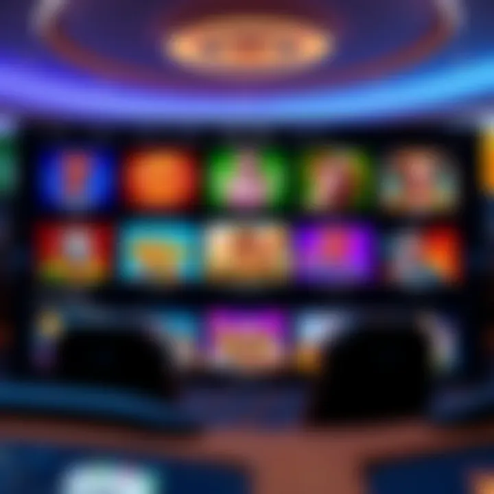 Colorful interface of an online casino platform showing diverse slot games and live dealer options