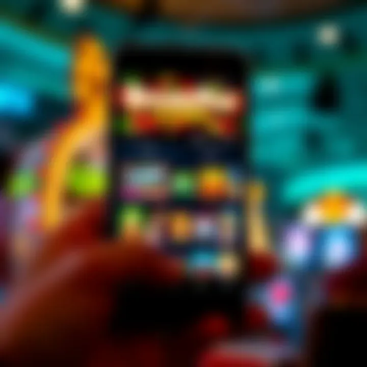 Mobile phone displaying RocketPlay Casino interface with game icons and vibrant colors