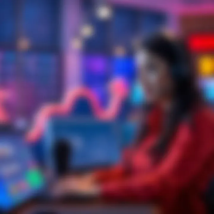 Customer support representative assisting with online casino queries against a digital backdrop