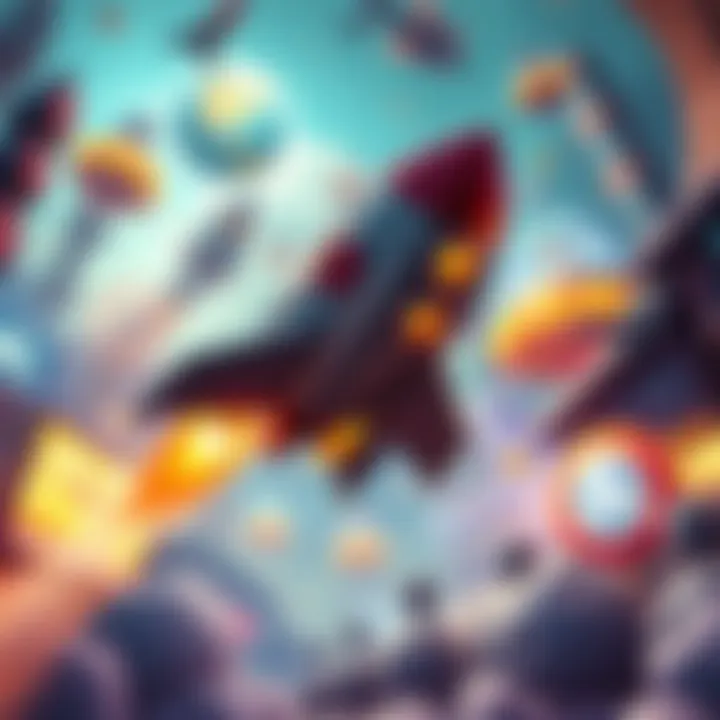 Futuristic rocket soaring through a vibrant game environment with dynamic elements