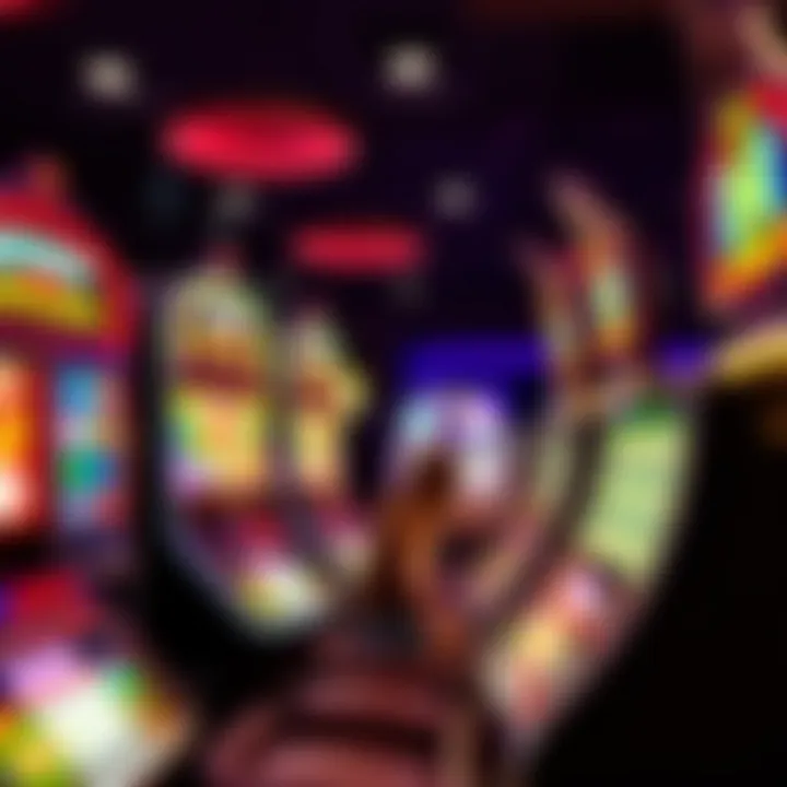 Colorful slot machine reels with symbols glowing against a dark casino background