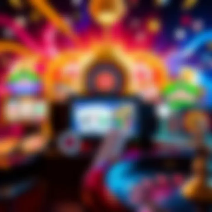 A vibrant assortment of casino game icons including slots, poker, and roulette against a dynamic background