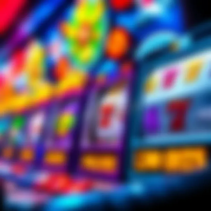 Colorful online pokies game interface with various symbols and reels spinning