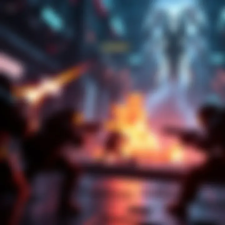 Dark futuristic game environment featuring intense combat scenes and glowing effects