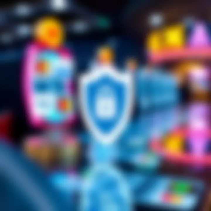 Secure online transaction with symbols of payment methods and shield representing safety