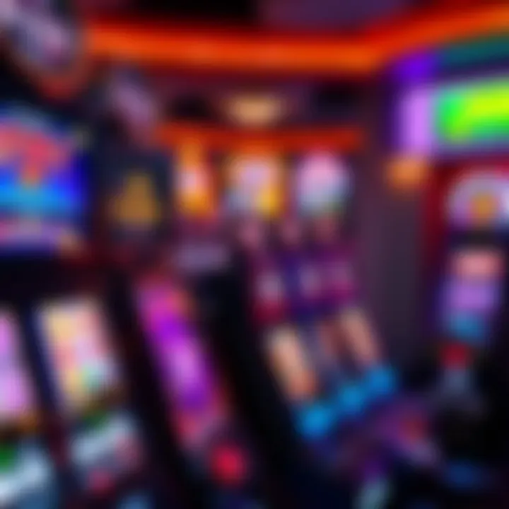 Electronic gaming machines with vibrant screens showing various symbols and lights in a casino venue
