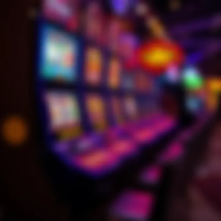 Brightly lit electronic pokies machine with spinning reels showing various symbols in a casino environment