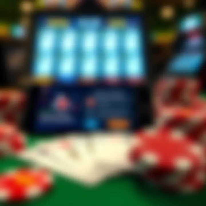 Illustration of responsible gambling with poker chips, playing cards, and a mobile device showing safety reminders