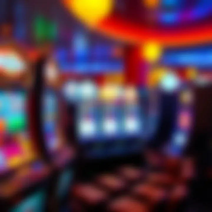 Colorful array of electronic pokies machines with bright flashing lights inside a modern Australian casino