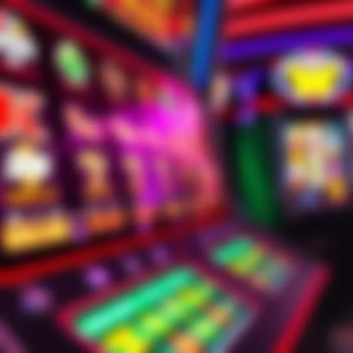 Close-up of a brightly lit electronic gaming machine with colorful symbols and spinning reels