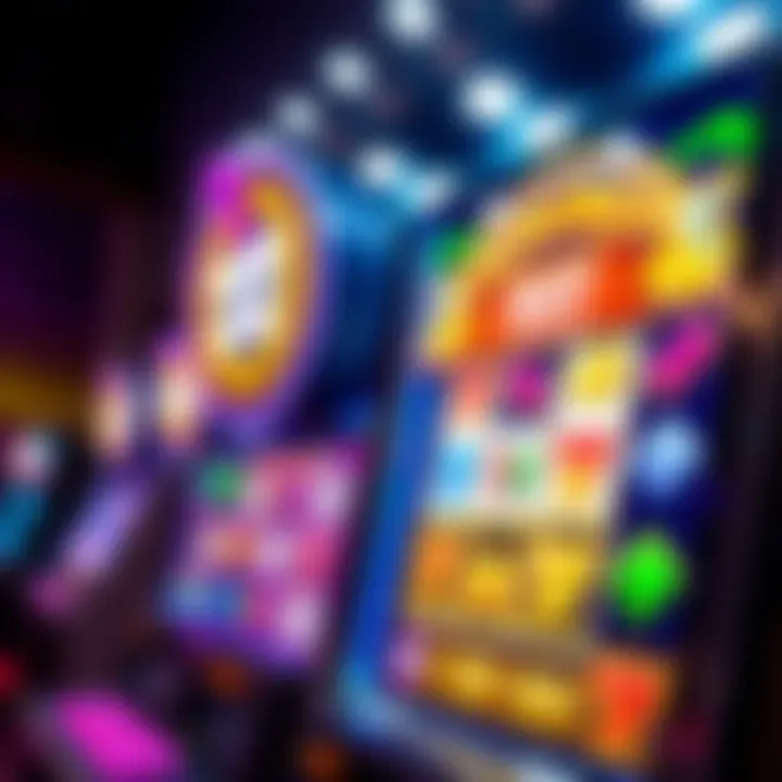 Colorful slot game interface featuring symbols and bonus icons under bright lights