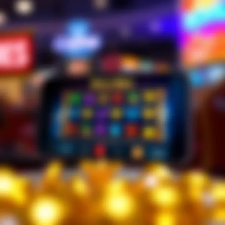 Mobile phone displaying Royal Reels app interface with colorful slot machine reels and icons