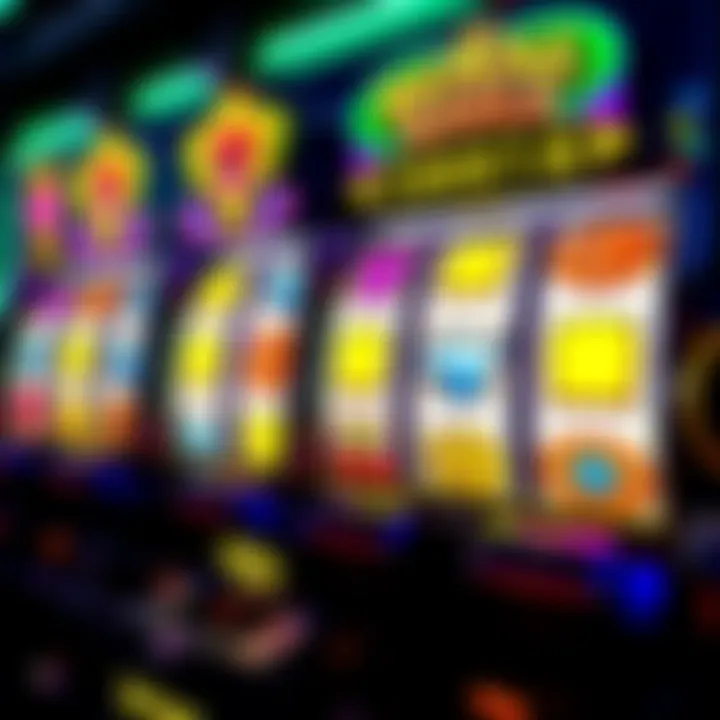 Colorful slot machine reels displaying various classic symbols in a casino game interface