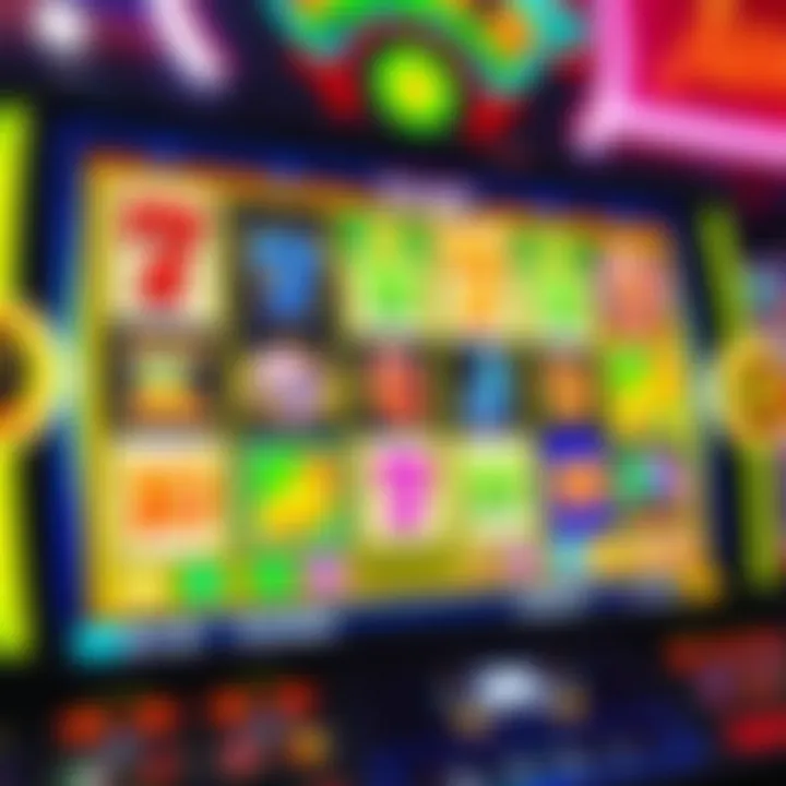 Colorful pokies machine screen displaying multiple interconnected reels with vibrant symbols