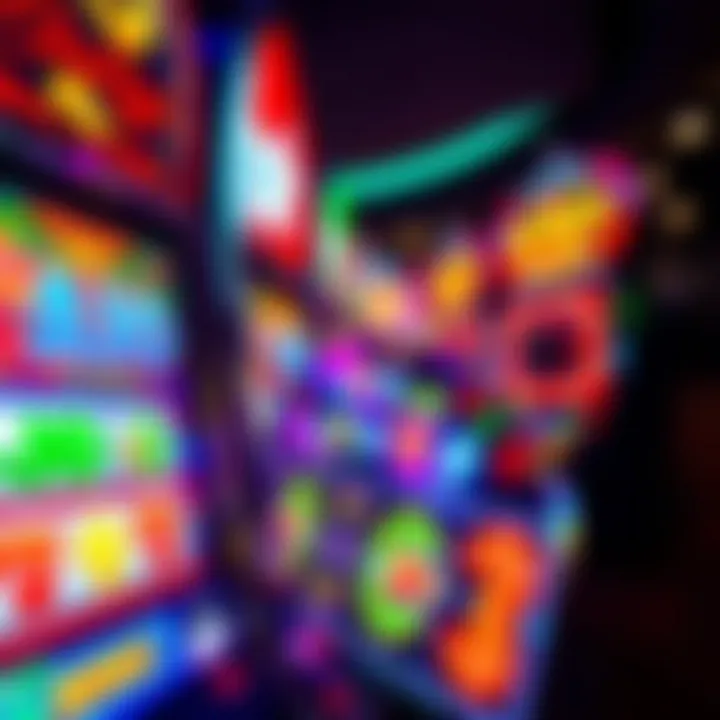Colorful slot machine reels displaying various symbols on a casino floor